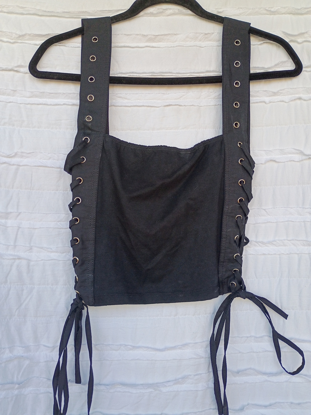 Motel Rocks Black Lace-Up Crop Top with Grommet Straps